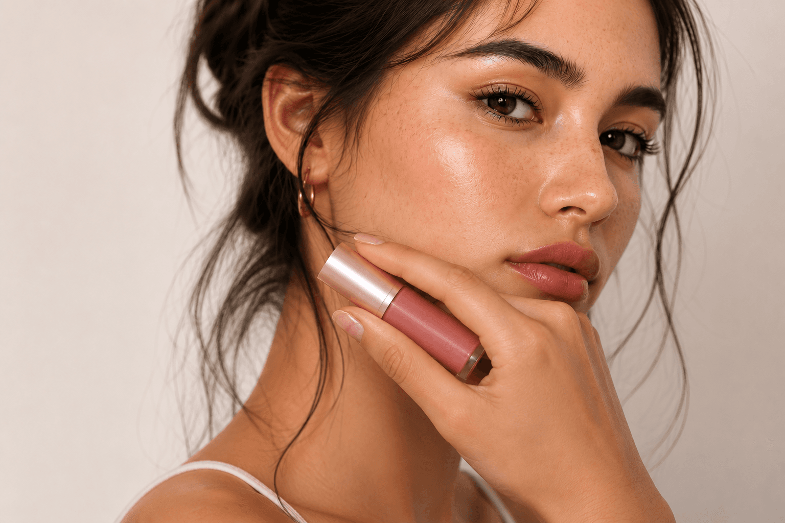 Mujer sosteniendo un producto para labios
