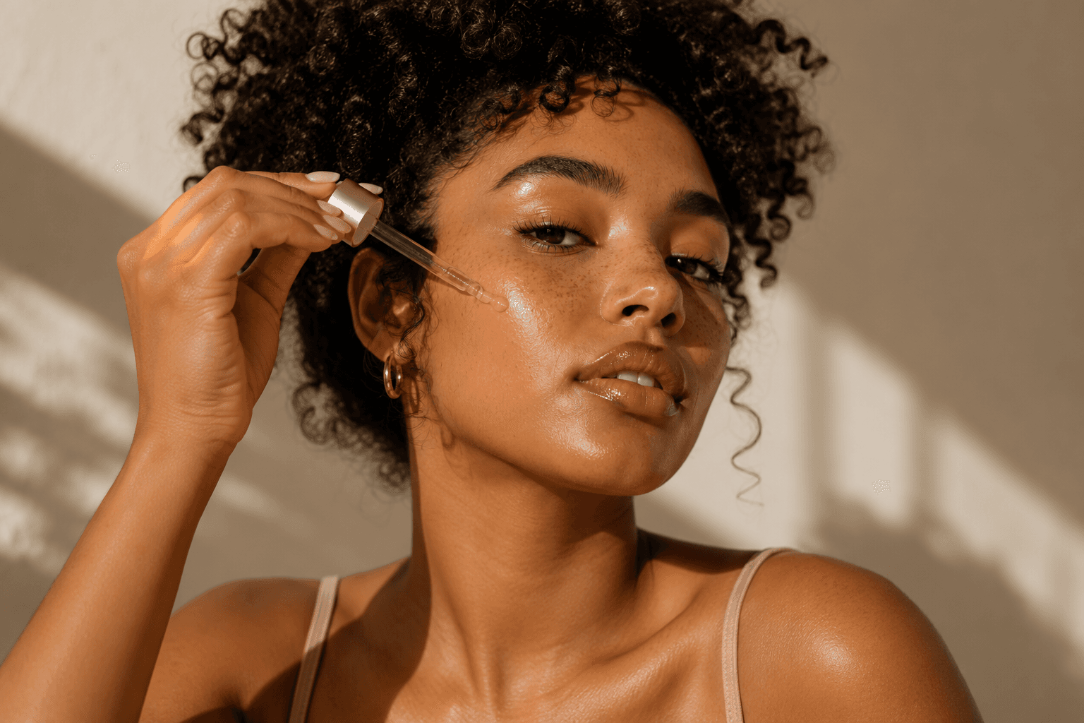 Mujer aplicándose un suero facial